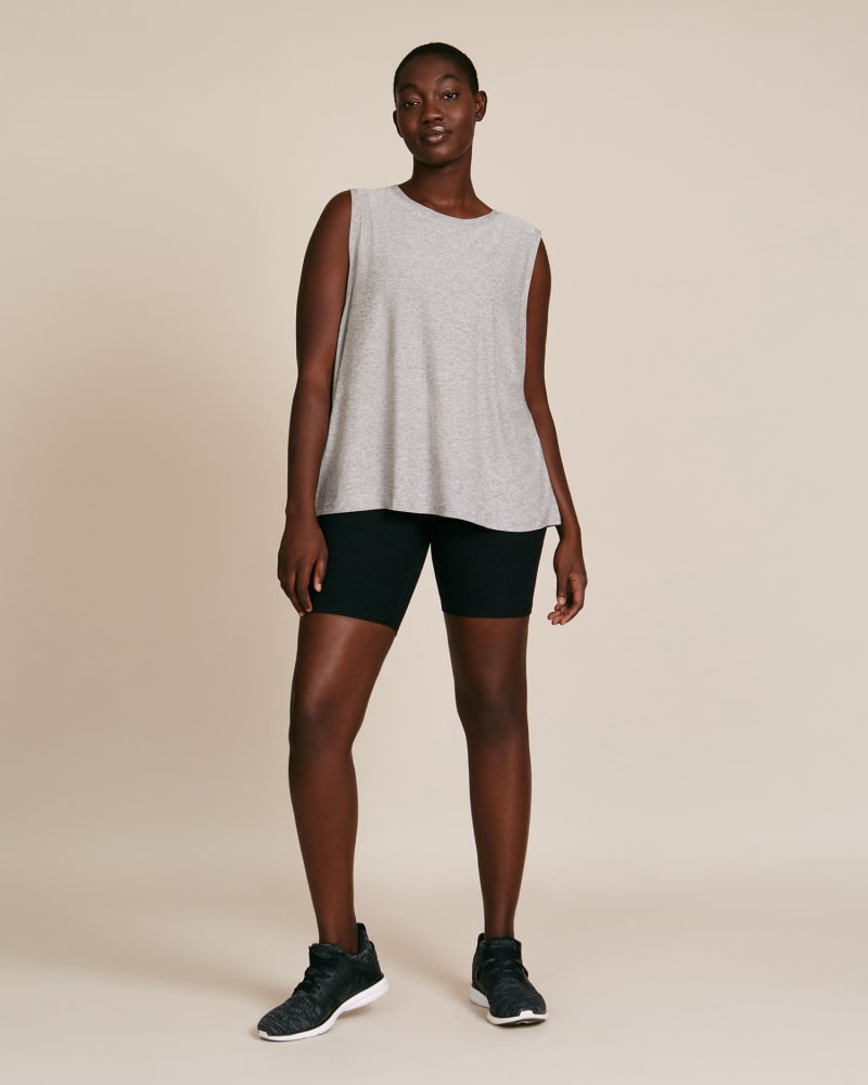 Front of a model wearing a size 1X High-Waisted Biker Short in Darkest Night by Beyond Yoga. | dia_product_style_image_id:226433